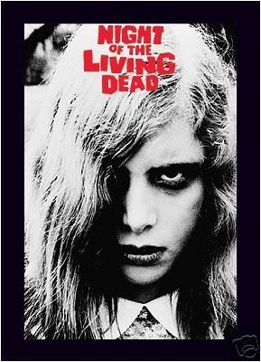 Cover for the film Night of the Living Dead: black and white photo of a girl with dee[ black rings around her eyes looking straight at the camera