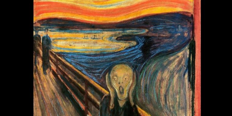 detail of Edvard Munch's painting "The Scream" With rough, impressionistic brush strokes, a figure stands on a bridge, hands on his face, screaming. The sunset behind the figure is livid red and orange.