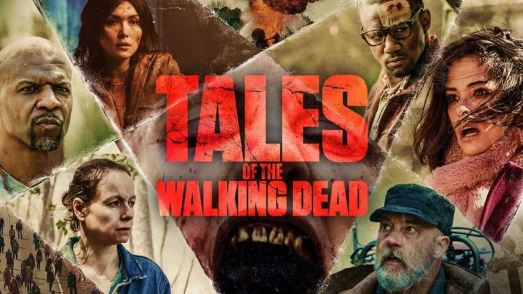 Banner for the television show Tales of the Walking Dead: Tales from the Walking Dead is in tall red letters, surrounded by profile photos of the main characters from the six different episodes