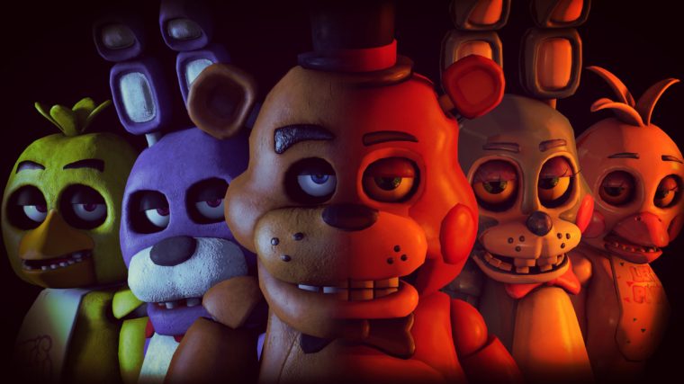 Three of the animatronic antagonists from Five Nights at Freddy's, in a mirror image with Freddy Fazbear in the middle. One side is lit normally, and the other ominously.